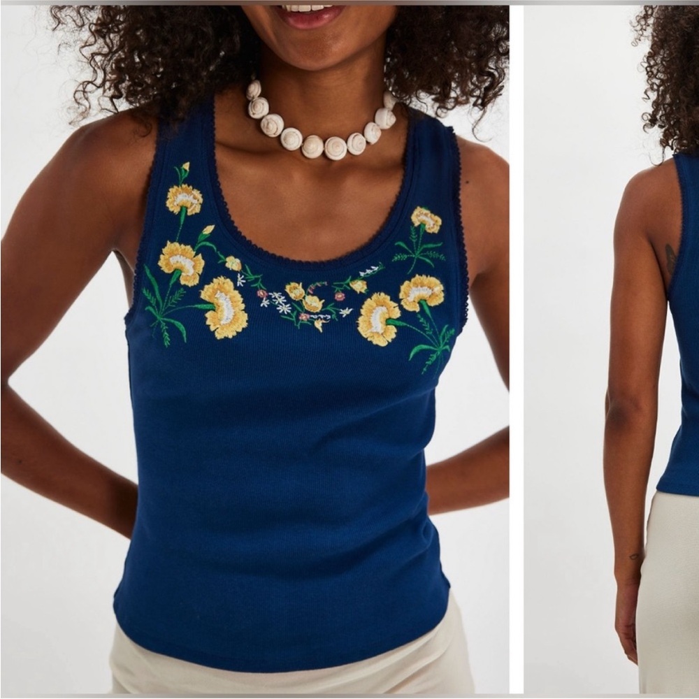 Free People NWT Embroidered Scoop Neck Tank Top - Navy - Picture 2 of 7